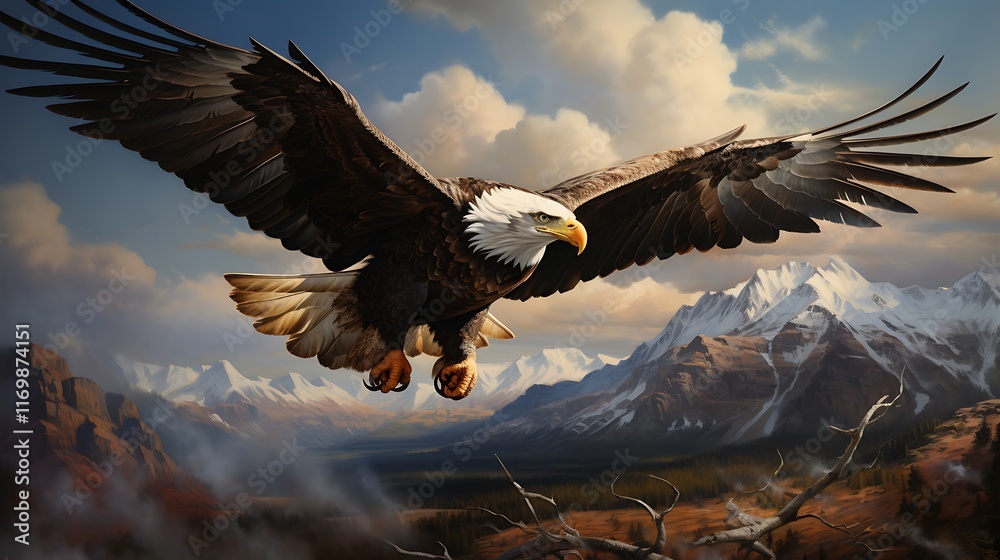 Obraz premium Majestic eagle soaring over mountain landscape nature art scene