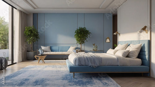 Modern pastel blue bedroom with cozy bed blanket pillow expansive window plush rug and high end interior furnishings