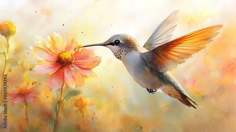 Fototapeta premium Hummingbird feeding on flower nature scene vibrant colors close-up