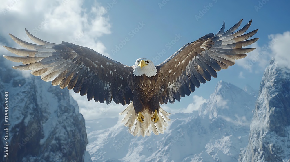 Fototapeta premium Eagle soaring over snowy mountains nature scene high angle view