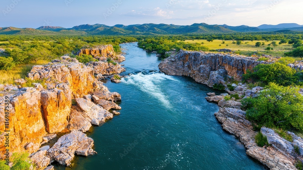 Scenic River Flowing Through Breathtaking Rock Formations Landscape