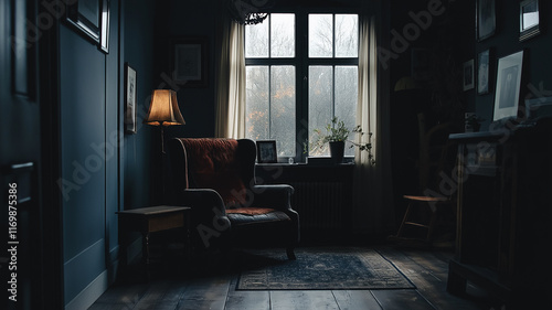 Wallpaper Mural シックでモダンな暗いの部屋の、観葉植物と窓からの光が美しいスペース。在宅仕事、オンラインセミナー、Zoom、打ち合わせ、SNS、動画の背景としてお使いいただけます。 Torontodigital.ca