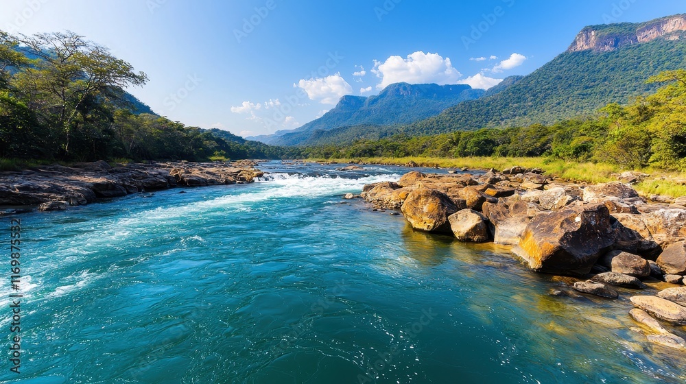 Obraz premium Serene River Flowing Through Lush Mountains Under Clear Blue Sky