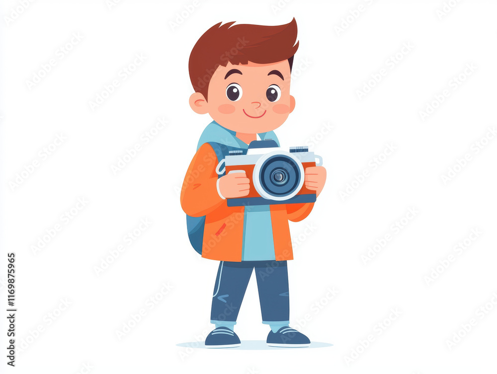 cheerful child holding camera, aspiring photographer, wearing orange jacket and backpack, ready to capture moments cheerful child holding camera, aspiring photographer, wearing orange jacket and backpack, ready to capture moments