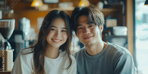 Portrait of young Japanese couple smiling and looking at camera, generative AI