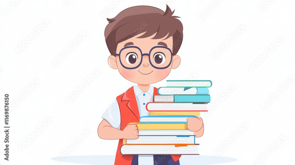 cheerful child librarian holding stack of colorful books, wearing glasses and red vest. This illustration captures joy of reading and learning cheerful child librarian holding stack of colorful books, wearing glasses and red vest. This illustration captures joy of reading and learning