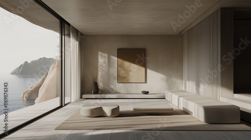 Natural Concrete Interior Design Composition of A Living Room With Grey Bench, Stone Coffee Tables, Wall Art, Large Framed Glass Window Overlooking the Ocean. Minimal.
