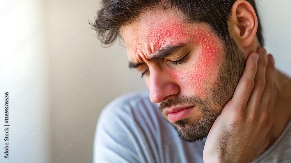 Obraz premium Man with Red, Itchy Rash on Face and Neck
