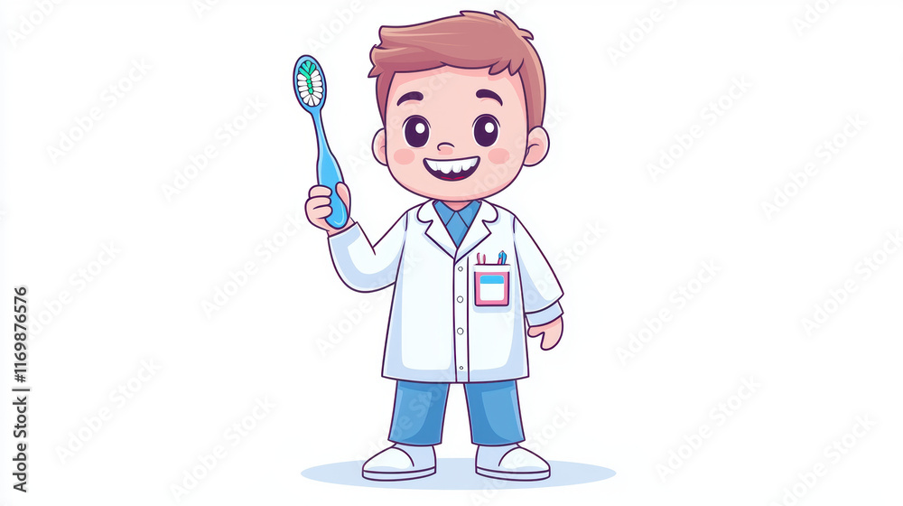 cheerful child dressed as dentist holds toothbrush, showcasing playful spirit. This cartoon character embodies fun and creativity in dental theme