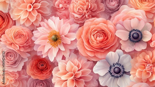 Wallpaper Mural A seamless pattern of pink, white, and peach flowers in a soft, romantic style. Torontodigital.ca