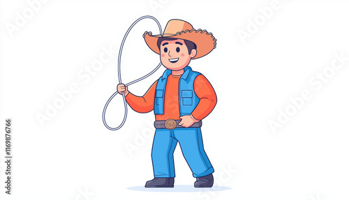 cheerful cowboy character spinning lasso, wearing hat and colorful outfit. This playful illustration captures spirit of Wild West with fun and vibrant design