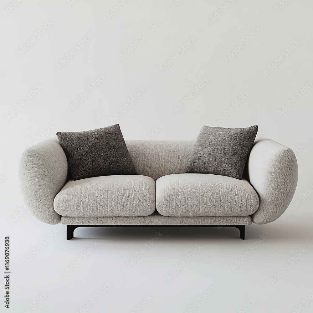 Fototapeta premium Modern Minimalist Sofa Design: Elegant Two-Seater in Soft Beige Fabric with Dark Grey Cushions