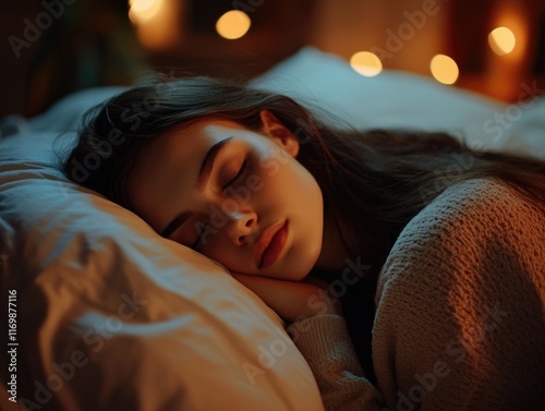 A young woman resting peacefully in bed, wearing a cozy knit top.