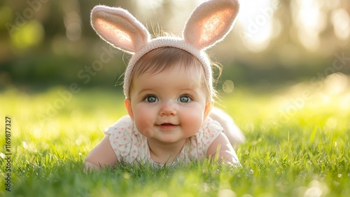 close up of funny baby girl wearing rabitt ears lying on the grass outdoor photo