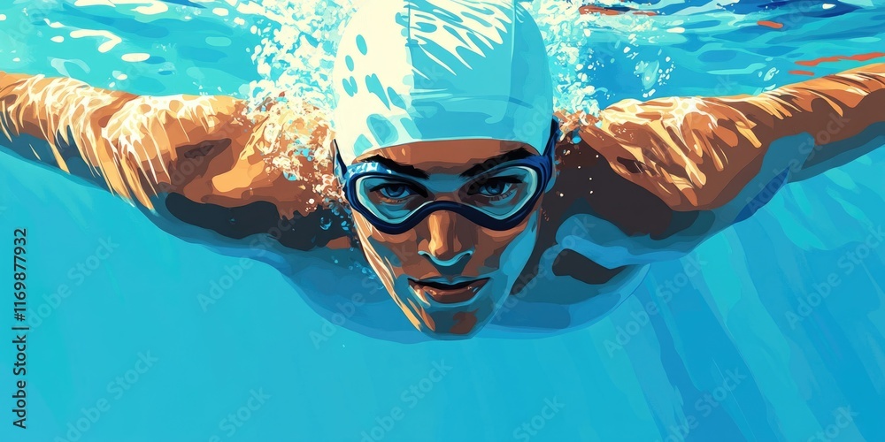 Fototapeta premium A person swimming in a pool, wearing goggles and a cap. They appear to be in motion during what could be a competition or training exercise.