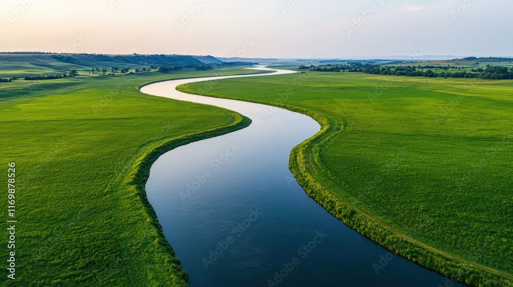 Serene Aerial View of Curving River Through Lush Green Landscape Serene Aerial View of Curving River Through Lush Green Landscape
