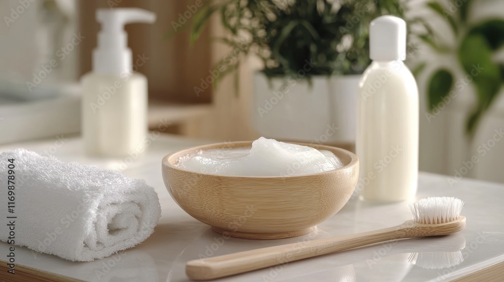 White facial scrub in wooden bowl, next to bathroom essentials. Perfect for skincare, beauty, and hygiene product visuals. White facial scrub in wooden bowl, next to bathroom essentials. Perfect for skincare, beauty, and hygiene product visuals.