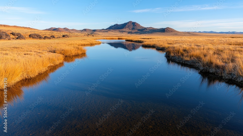 Serene Landscape with Calm River and Majestic Mountain View Serene Landscape with Calm River and Majestic Mountain View