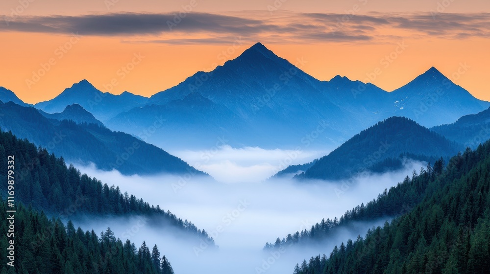 Serene Mountain Landscape with Mist and Vibrant Sunset Sky