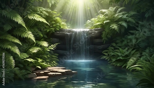 Serene Waterfall Cascading Into Lush Tropical Pool