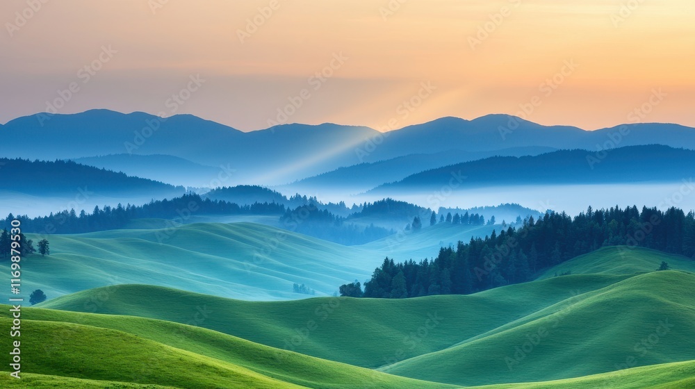 Serene Landscape of Rolling Hills and Distant Mountain Ranges Serene Landscape of Rolling Hills and Distant Mountain Ranges