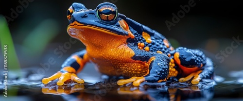 Vibrant Harlequin Frog in Aquatic Habitat Close-Up Macro Photography photo