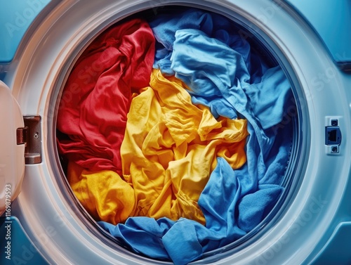Red, yellow, and blue clothes being washed together in a front-loading washing machine.