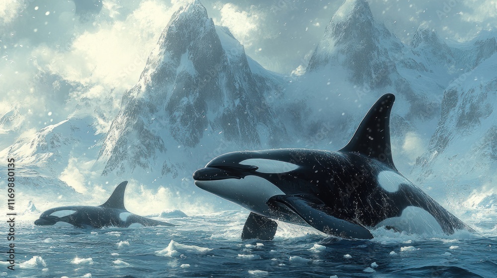 Obraz premium Two orcas swim in icy waters near snow-capped mountains.
