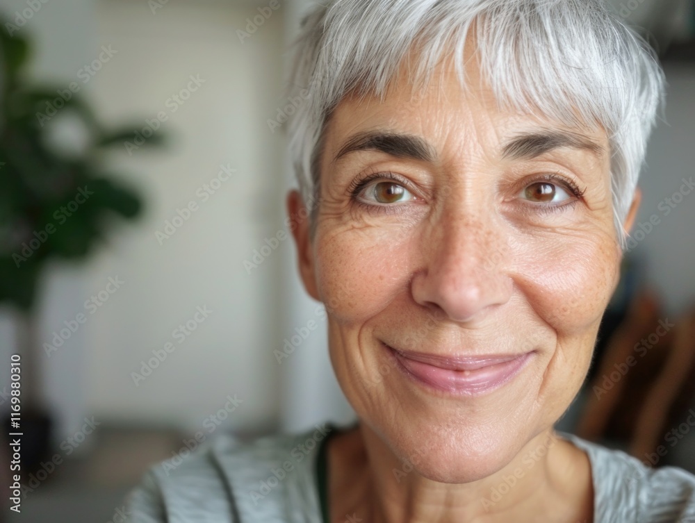 Elderly woman with grey hair smiling at the camera, indoors with a contemporary living space in the background. Elderly woman with grey hair smiling at the camera, indoors with a contemporary living space in the background.