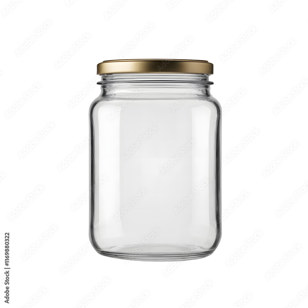 Empty Glass Jar with Gold Lid on Transparent Background Empty Glass Jar with Gold Lid on Transparent Background