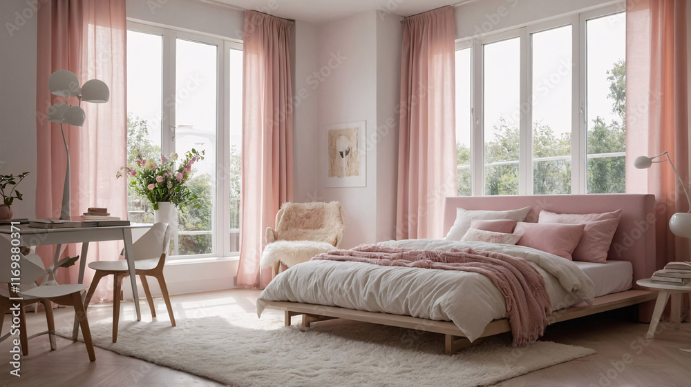 Fototapeta premium Designer modern pastel pink bedroom featuring cozy bed blanket pillow large window and luxurious high end decor accents