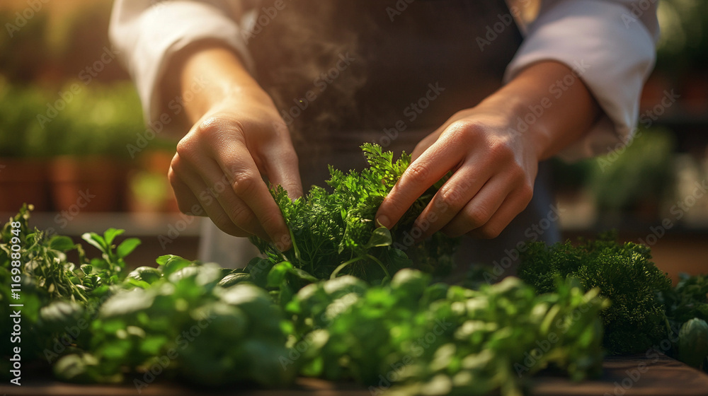 A chef expertly slicing fresh green herbs with a knife, showcasing precision and focus in the kitchen, with vibrant greens symbolizing freshness, health, and culinary artistry
A chef expertly slicing fresh green herbs with a knife, showcasing precision and focus in the kitchen, with vibrant greens symbolizing freshness, health, and culinary artistry