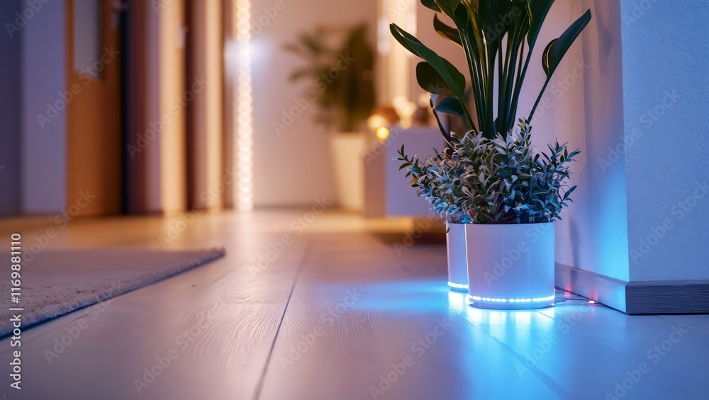 Fototapeta premium A beautifully arranged indoor setting featuring a modern plant pot illuminated with subtle lighting, showcasing a serene atmosphere in a contemporary environment.