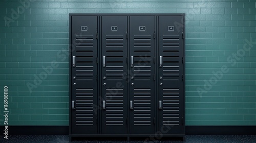 Black Metal Lockers Against Green Brick Wall in Modern Setting