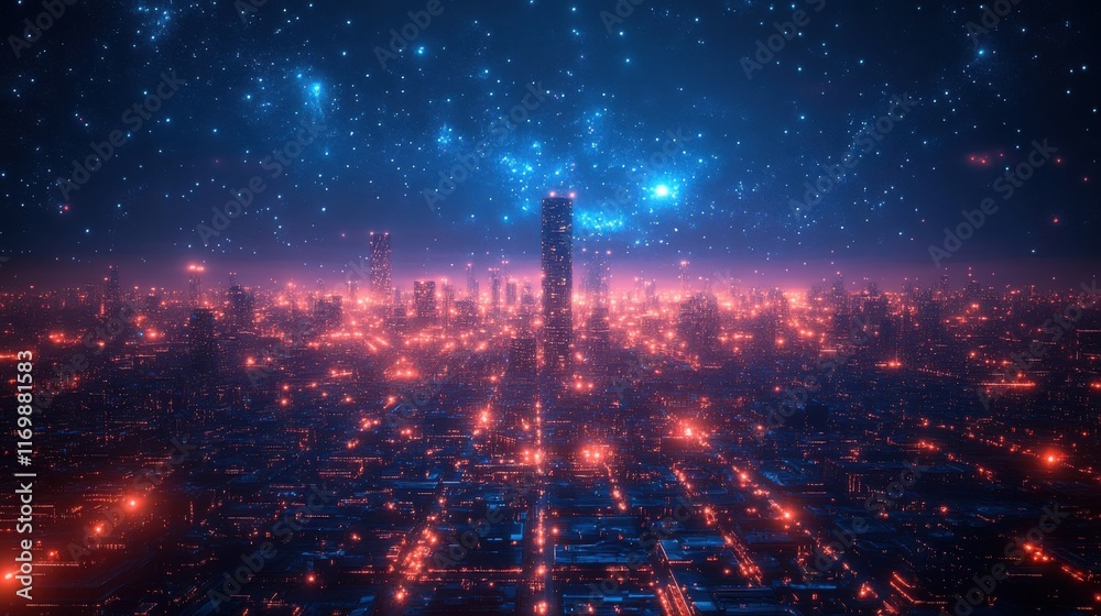 Fototapeta premium Neon Metropolis Under a Starry Sky: A Cyberpunk Dream.