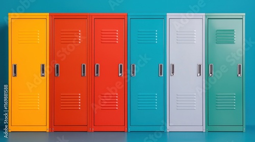 Colorful Row of Vintage School Lockers Against a Blue Wall