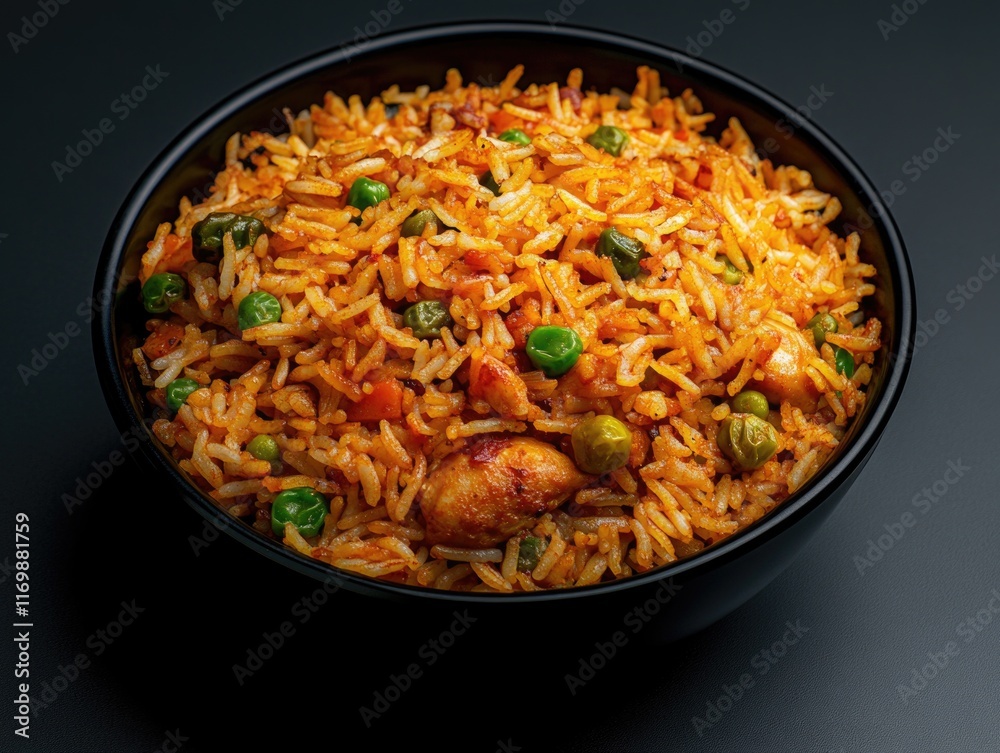 An Indian rice dish with chicken and peas, garnished with herbs. This wholesome meal is both flavorful and nutritious. An Indian rice dish with chicken and peas, garnished with herbs. This wholesome meal is both flavorful and nutritious.