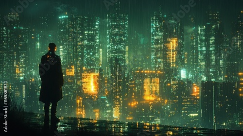 Wallpaper Mural Solitary Figure in Cyberpunk Rain: A futuristic city at night, gleaming with neon lights, drenched in rain. Torontodigital.ca