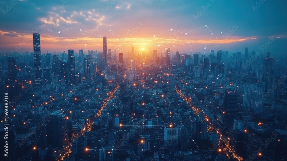 Fototapeta premium Neon Cityscape at Sunset: A Digital Metropolis