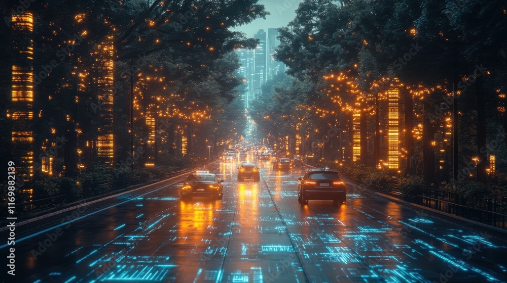 Obraz premium Neon-lit road, futuristic city, glowing trees, cars driving, rainy night, digital art.