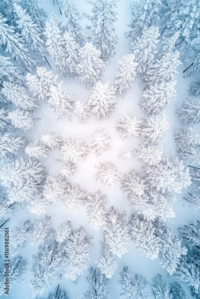 Aerial view of winter forest covered by heavy snow.