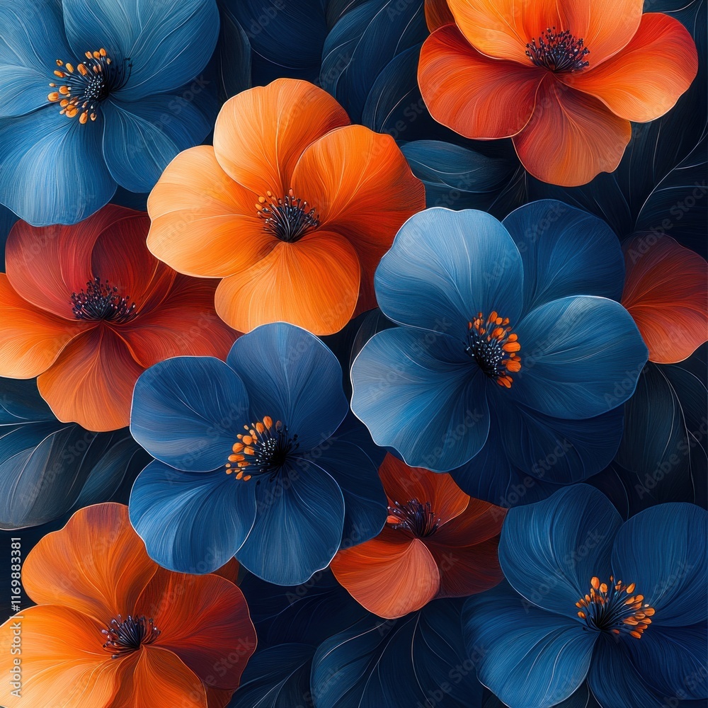 custom made wallpaper toronto digitalVibrant blue and orange hibiscus flowers arranged in a dense, overlapping pattern.