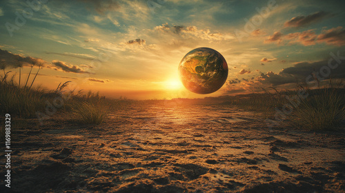 A powerful image symbolizing Earth in distress, with a fading landscape and cracked soil, representing the impacts of global warming, climate change, and environmental collapse, highlighting the urgen