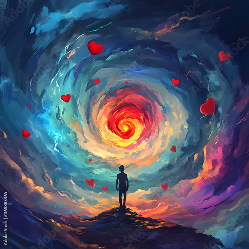 A dynamic and colorful illustration of a whirlwind filled with cartoon-like emotions, each represented by expressive faces and vibrant details. The artwork captures the energy and complexity of emotio photo