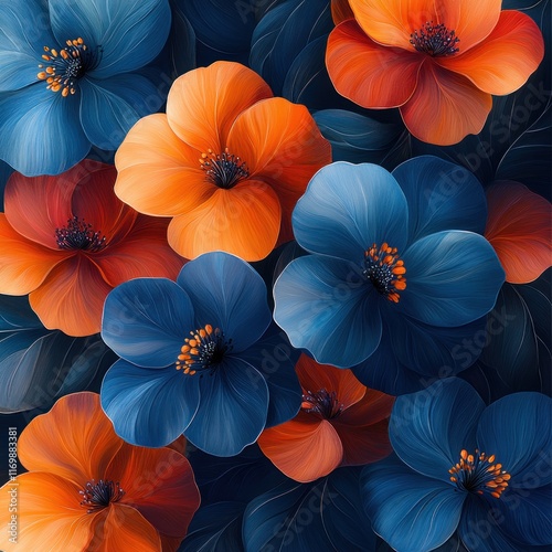 Vibrant blue and orange hibiscus flowers arranged in a dense, overlapping pattern.