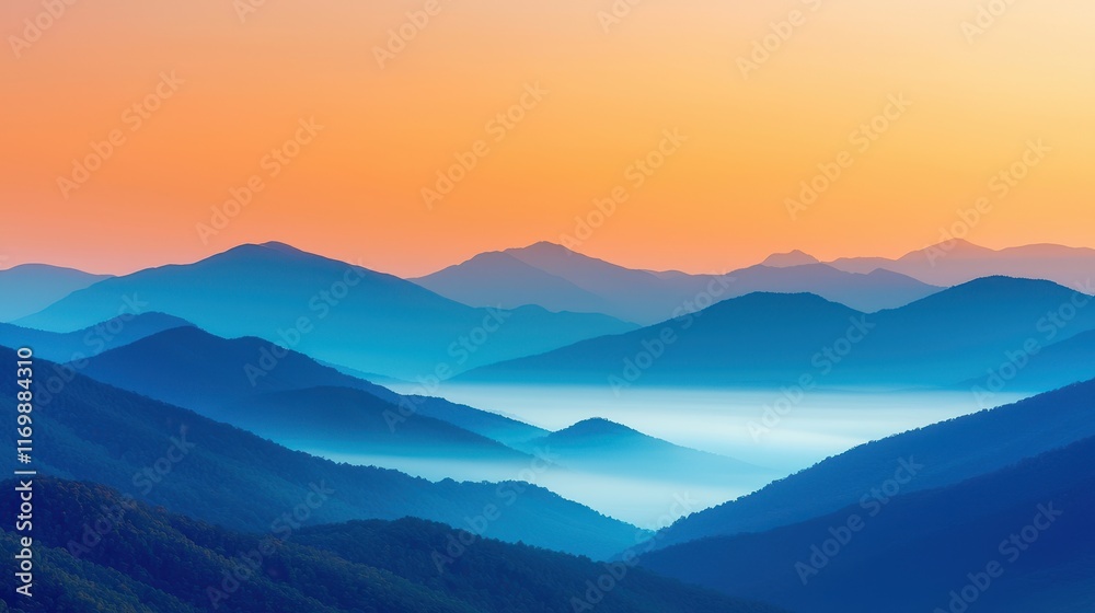 Majestic Mountain Landscape at Dusk with Colorful Sky and Fog Majestic Mountain Landscape at Dusk with Colorful Sky and Fog