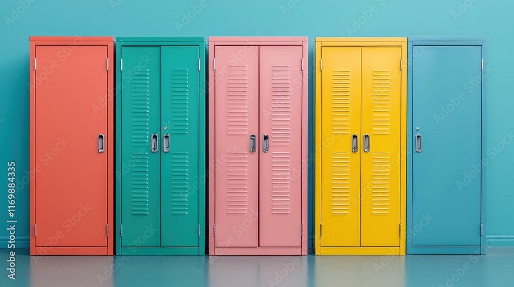 Naklejka premium Colorful Metal Lockers in a Modern Minimalist Interior Space