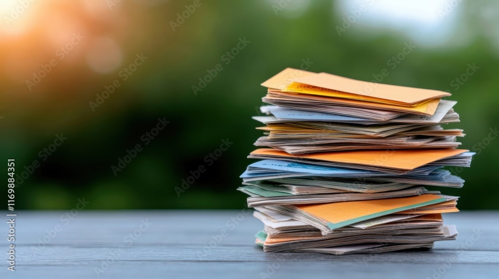 A towering stack of overdue bills; a looming financial burden. A towering stack of overdue bills; a looming financial burden.