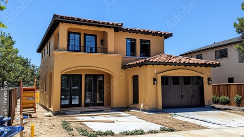 New construction, two-story Mediterranean home with stucco exterior, dark brown roof and windows. Perfect for real estate, architecture, and home design websites.