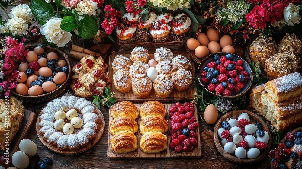Fototapeta premium Festive Easter table with baked goods, eggs, and berries.